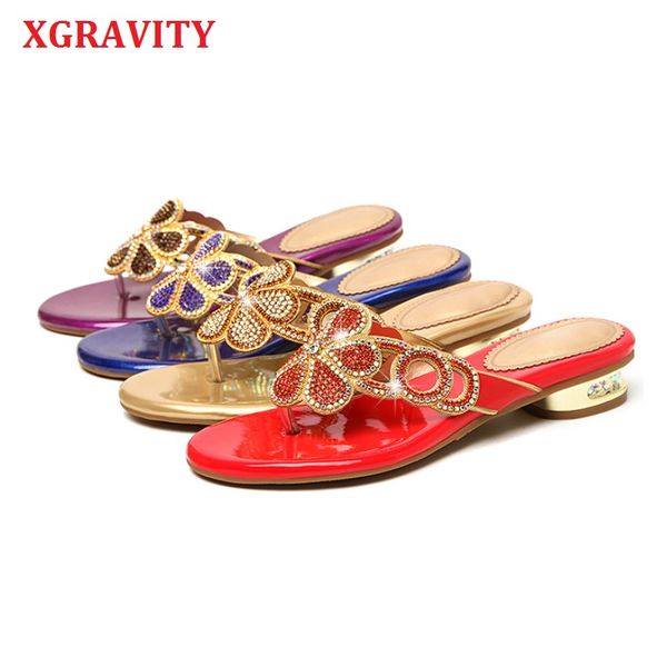 

xgravity 2020 summer shoes elegant rhinestone lady fashion slippers flower design crystal woman shoes flip flop sandals female, Black