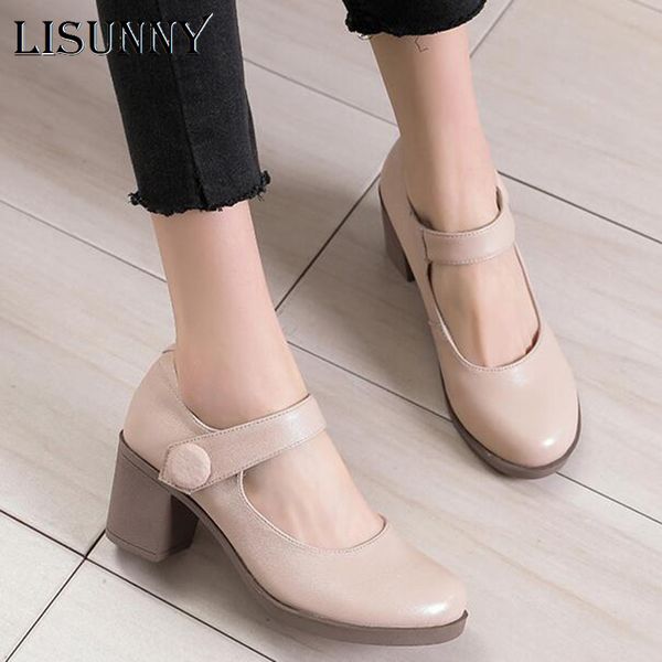 

lisunny 2020 весна осень обувь женщина 100% натуральная кожа женщин насосы леди кожа круглый toe платформы мелкий рот обувь, Black