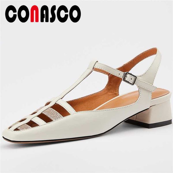 

conasco summer new 2020 women genuine leather t-strap fretwork sandals fashion casual high heels square toe shoes woman, Black
