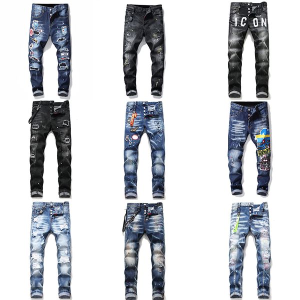 

italy mens designer jeans denim slim man fashion skinny bodycon embroidery pants italian hole joggers trousers d2 de designer pour hommes, Blue