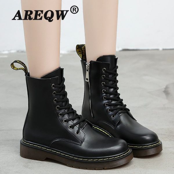

women boots locomotive mid-tube short boots leather short rubber british style retro autumn and winter female, Black