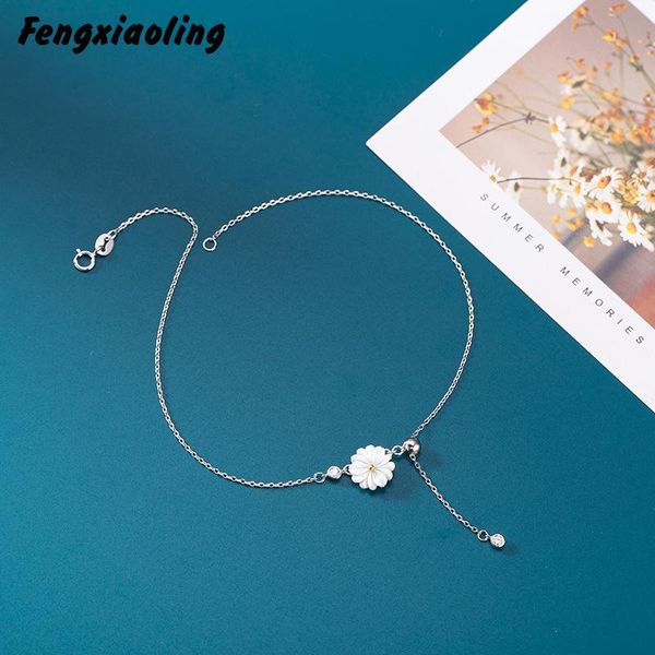 

fengxiaoling new fashion student anklet jewelry 925 sterling silver natural shell daisy flower anklets for women fine jewelry, Red;blue