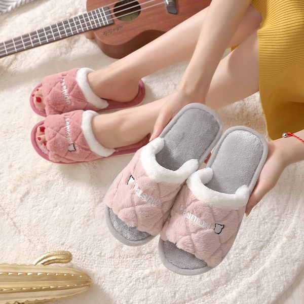 

fznyl women autumn winter plush slippers open toe cute girls boys cozy home floor bedroom shoes drags for female, Black