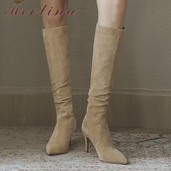 

boots meotina pleated cow suede high heel knee women shoes pointed toe thin heels slip on ladies long autumn apricot, Black