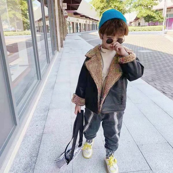 

jackets 2021 baby girl boy pu leather thick cashmere jacket boys winter warm coat kids children's clothing, Blue;gray