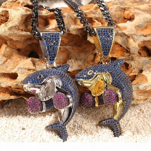 

boxing shark pendant hip-hop micro-zircon necklace gun black cuban chain hip hop accessories, Silver