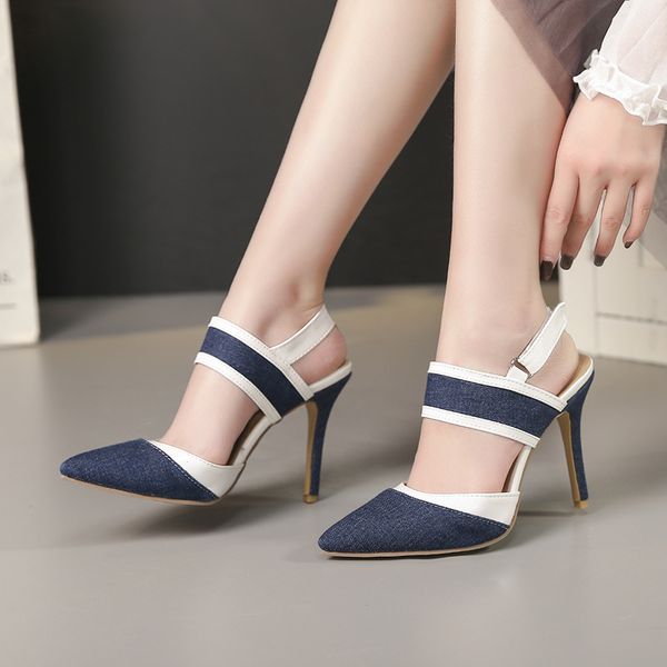 

denim fashion pointed toe high-heeled sandals thin heeled shoes, Black