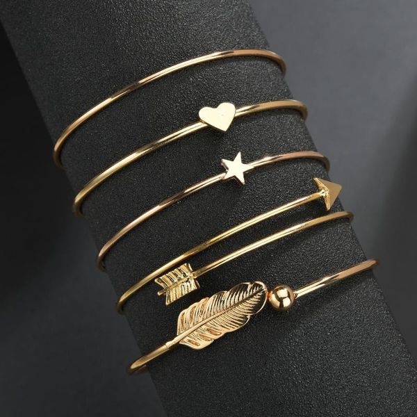 

new fashion multilayer bracelet 5 piece set arrow water drop alloy leaf love heart star open bracelet for lady girls party, Golden;silver