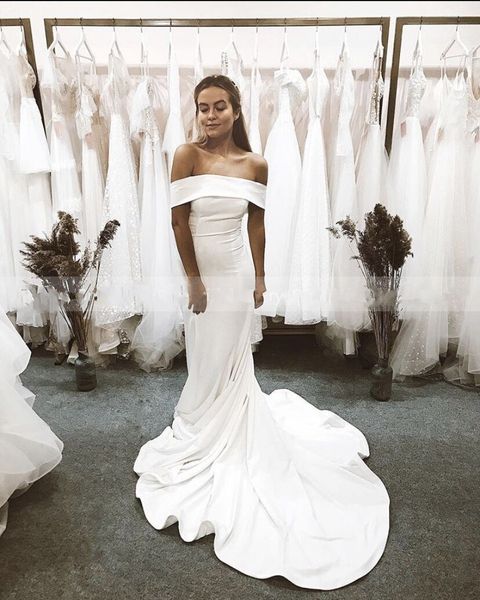 

simple long mermaid wedding dresses off shoulder boat neck cowl back elegant sweep train wedding gowns custom made, White