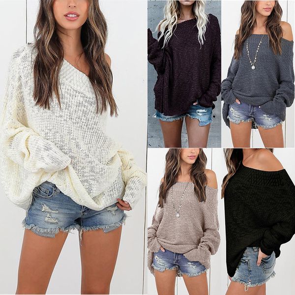 

2020 new style for autumn and winter popular european and american lazy wind loose and plus-sized sweater women off-shoulder womens sweater, White