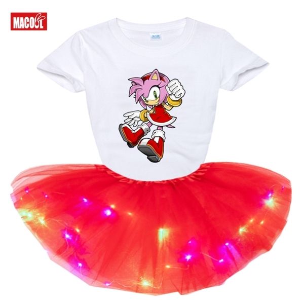 

baby girls clothing sets 2pcs children sonic the hedgehog amy t shirt short sleeve princess light led tutu dress+t shirt fashion 0926, White
