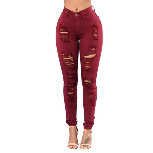 

women's jeans women high waist button pockets holes zipper denim skinny long pants fashion personality c153 torn trousers, Blue