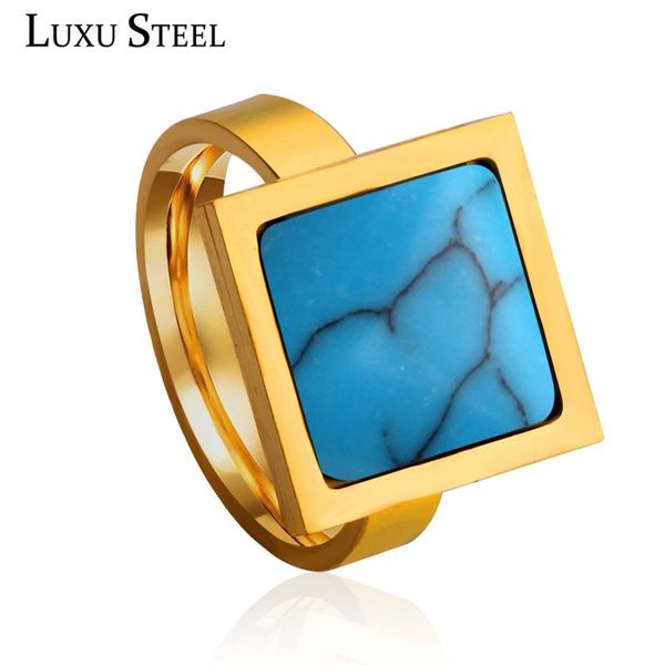 

luxusteel blue stone rings stainless steel geometry engagement party rings 2020 single for women/men, Golden;silver