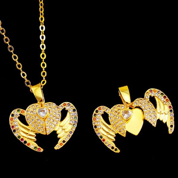 Squisita catena con ciondolo a forma di cuore ad ala, in oro giallo 18 carati, collana con ciondolo da ragazza da donna con zirconi colorati intarsiati