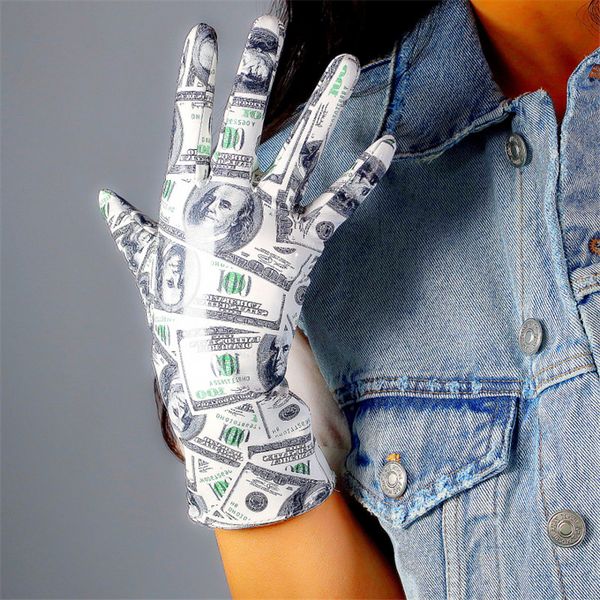 

fashion dollar stamp print women winter warm driving sheepskin ladies leather gloves plus velvet warm mittens autumn long gloves, Blue;gray