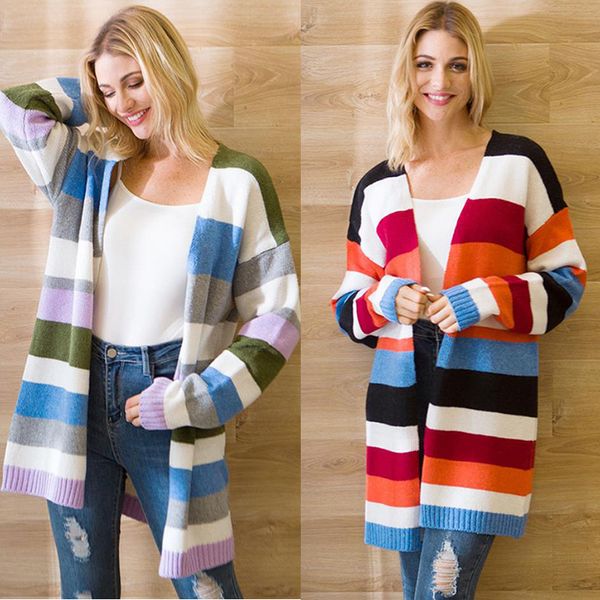 

2020 autumn and winter european and american foreign trade sweater striped midi cardigan coat sweater women, White