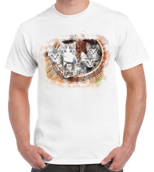 

2019 new fashion summer new design cotton male tee shirt designing basket of kittens cat animal design drawing men's t shirt