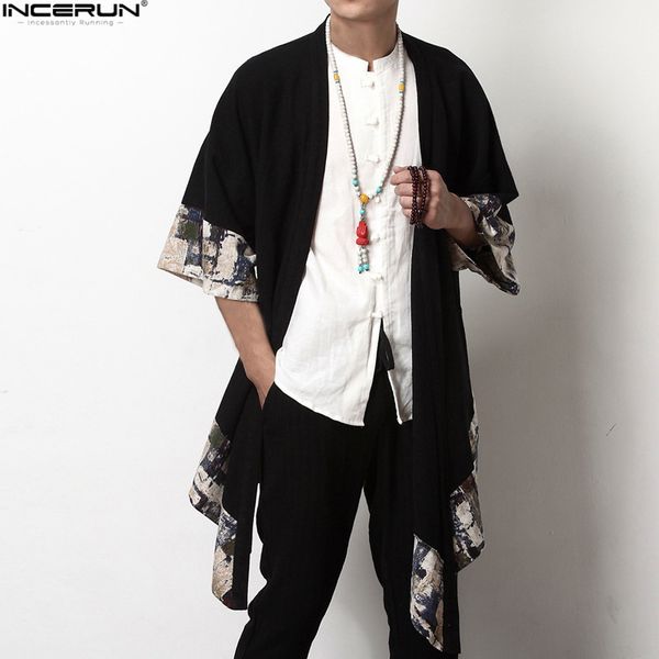 

incerun 2020 chinese style men outerwear vintage cloak casual kimono half sleeve irregular long trench coats men plus size 5xl, Tan;black
