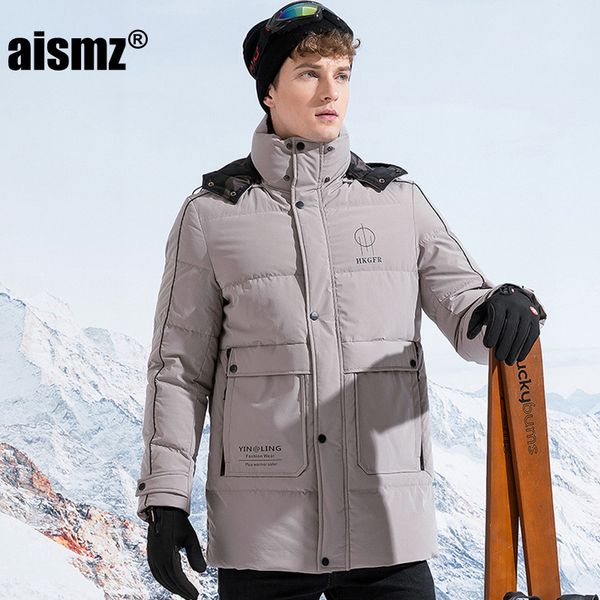 

aismz men's winter 90% white duck down jacket fashion youth warm thick casual long detachable hat black khaki coat