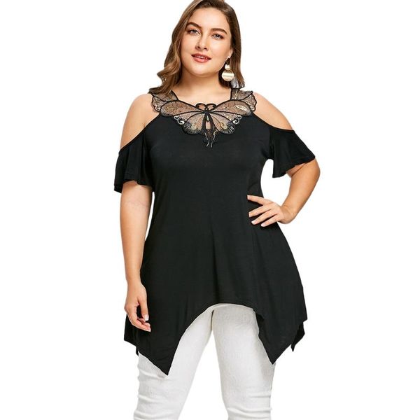 

5xl plus size butterfly appliqued cold shoulder t-shirt women black long lace t-shirt female short o-neck casual top, White