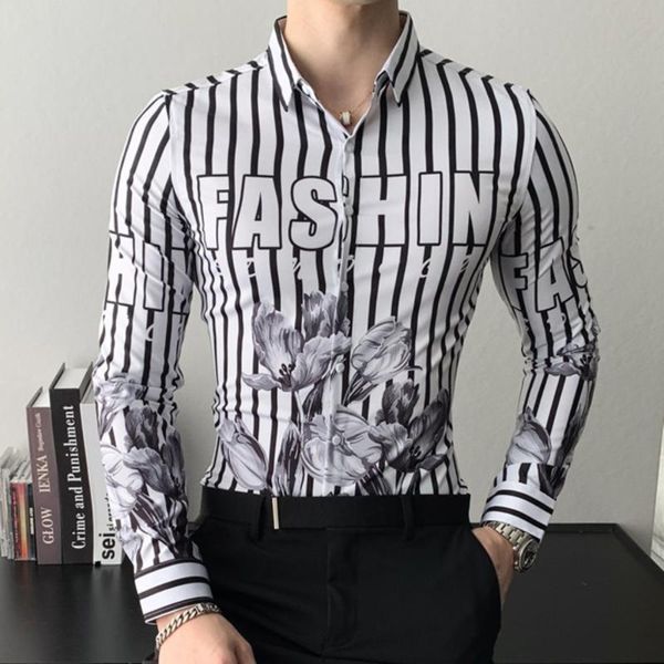 

korean slim fit casual men social striped shirts long sleeve night club luxury blouse men flower shirt fashion spring shirt, White;black