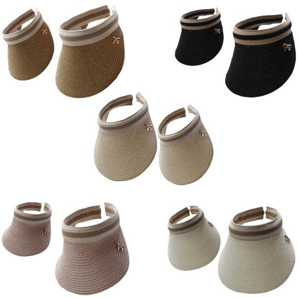 

parent-child visor straw hats breathable bowknot caps children natural casual hollow out beach sun hats summer korean, Blue;gray