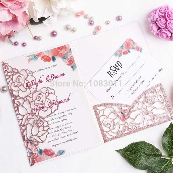 

ponatia 20 pcs rose gold glitter laser cut bling invitations card for wedding bridal shower engagement birthday