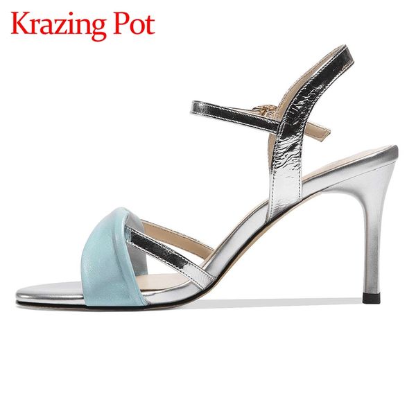 

krazing pot mixed colors genuine leather peep toe stiletto high heels buckle strap mature lady elegant dating sandals women l13, Black