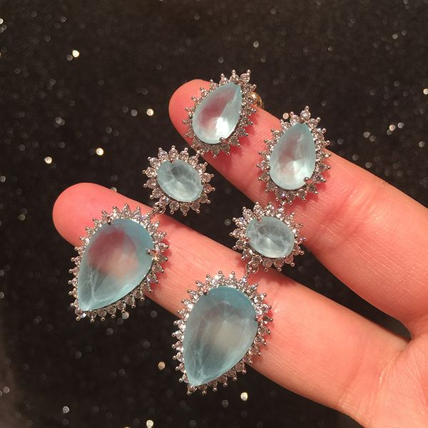 

bilincolor vintage broken cz dark green drop earring for women, Silver