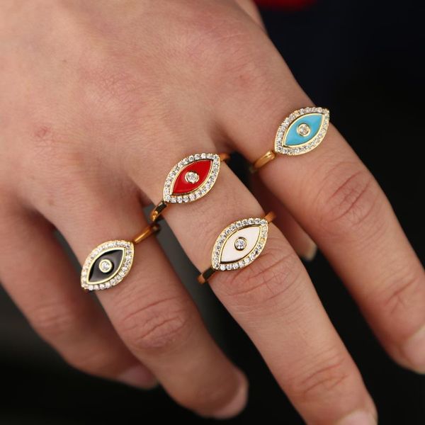 

2020 new design red black blue white enamel evil eye cz paved lucky boho turkish jewelry gold filled finger women ring, Golden;silver