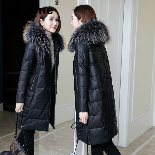 

raccoon dog fur collar sheepskin down coat real genuine leather jacket autumn winter coat women clothes 2020 korean zt3724, Black