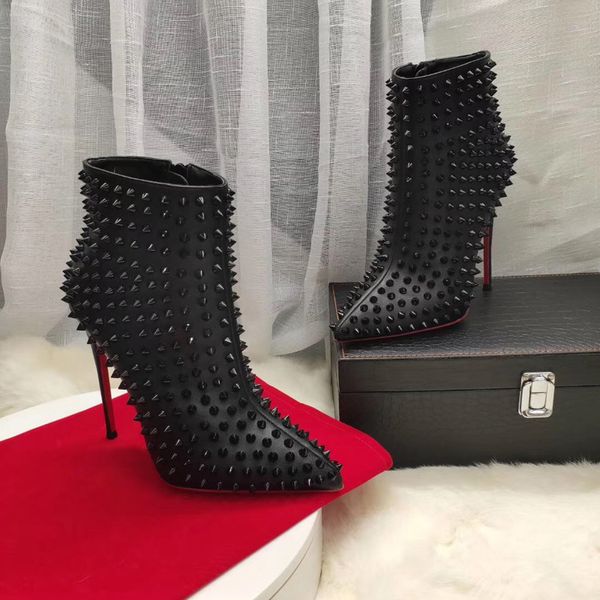 

women shoes big size full studs stilettos thin high heels pointy toe black leather women ankle boots 35-41