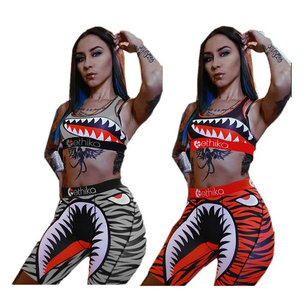 

fashion women swimsuit summer beachwear vest sports bra + swim shorts two piece outfits shark print swimwear bodycon bikini suit s-2xl 2020, White