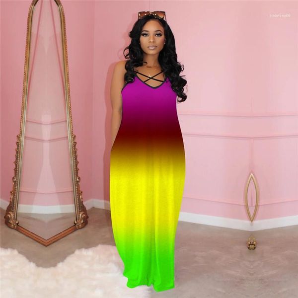 

casual sleeveless vneck strapless dresses fashion gradient with button clothing designer womens loose tie dye dresses, Black;gray