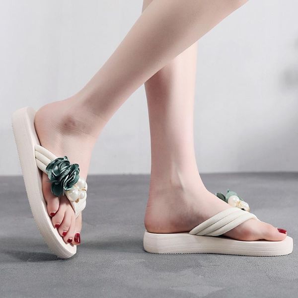 

sagace shoes woman summer fashion solid stretch fabric pearl flowers non-slip flat beach slippers shoes woman sandals 2020jan17, Black