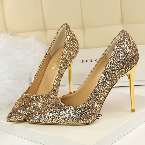 

2020 women 9.5cm high heels plus size 43 stripper glitter scarpins luxury pumps stiletto wedding bridal gold silver fetish shoes, Black