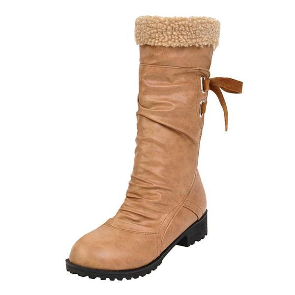 

2020 women snow boots vintage fashion pure color round toe lace-up boots chunky heels vintage women shoes with plush inside, Black