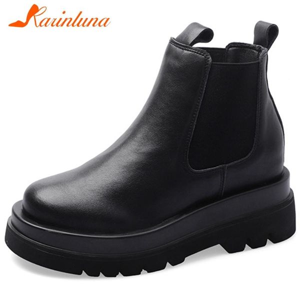 

karin 2020 big size 39 women shoes splite leather slip-on ankle female boots round toe platform autumn shoes, Black