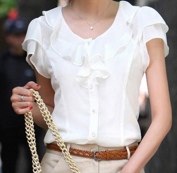

5xl plus size new summer women fashion short sleeve ruffles chiffon solid white blusas casual summer blouses shirt
