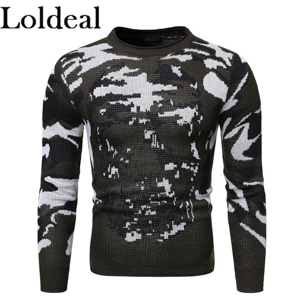 

loldeal men round neck sweater camouflage tweed knit slim pullover, White;black