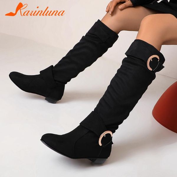 

karin new brand 2020 women shoes flock slip-on buckle straps pleated knee high boots leisure big size 46 women boots, Black