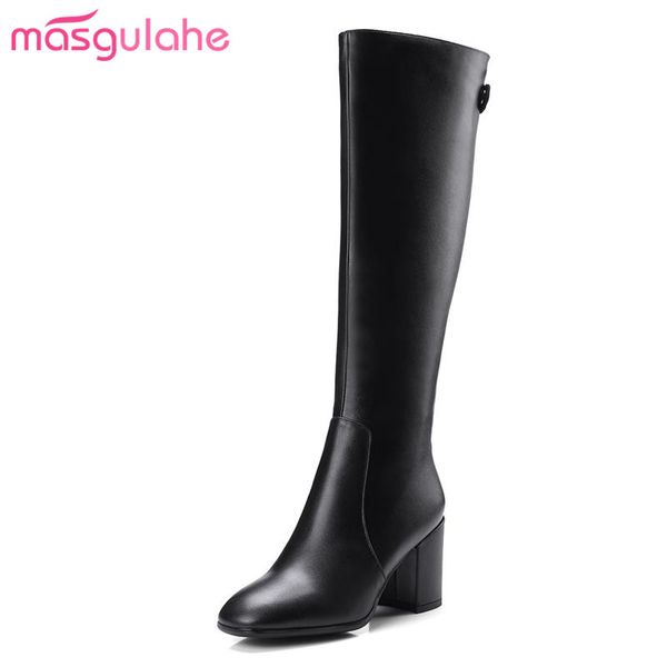 

masgulahe genuine leather boots keep warm comfortable knee high boots side zip winter square toe womens shoes, Black