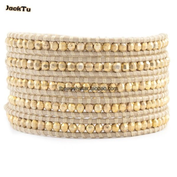 

gold laser copper beads wrap bracelet on skin leather, Golden;silver