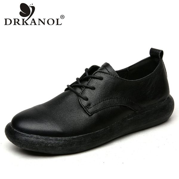 

drkanol handmade genuine leather shoes women shallow flat shoes ladies soft bottom lace up casual women black white h8793