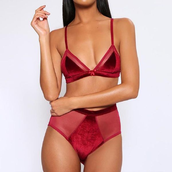 

mesh bras sets see through velvet underwear three point type 2pcs solid color condole belt bras sets women, Black;white