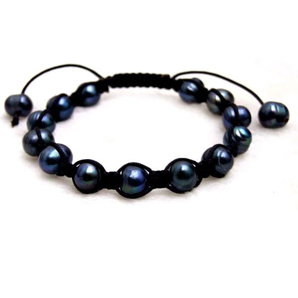 

qingmos 9-10mm black round natural pearl bracelet for women with china silk handwork weave adjustable 7-10" bracelet jewelry 377