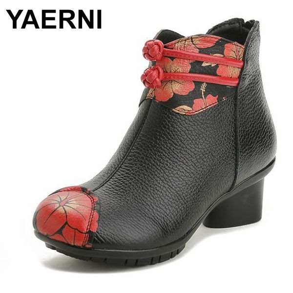 

yaerni handmade chunky heels short boot leather mother shoes retro lady flower ankle boots plus size women boots winter, Black
