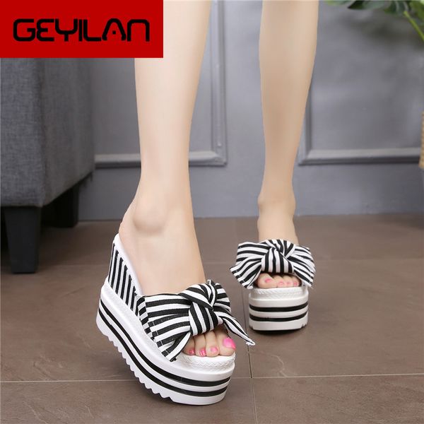 

new korean female slippers student muffin thick-soled slippers fashion bow super high with 12 cm, Black