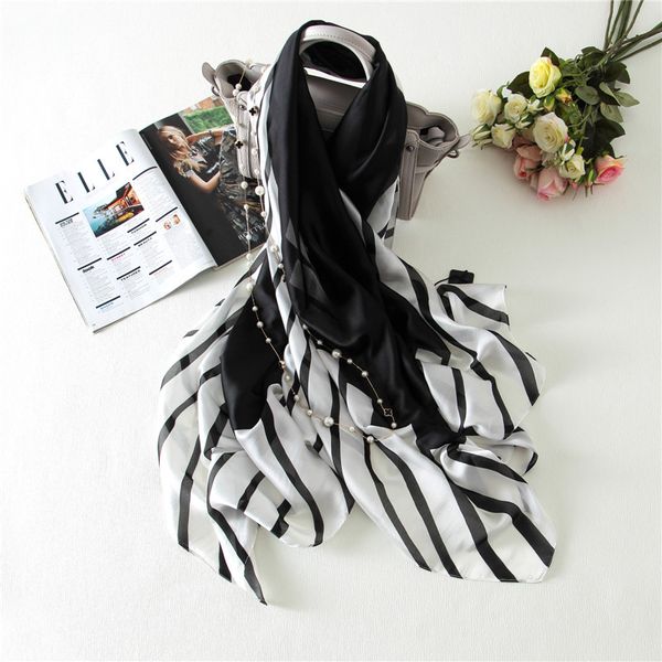 

2020 spring fashion women black and white striped silk scarf soft silk scarves and shawls foulard femme sjaal new, Blue;gray