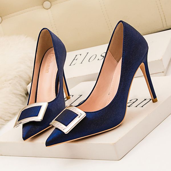 

nice2020 style banquet 9288-58 women's high-heeled satin shallow pointed square buckle slimming high heel shoes, Black